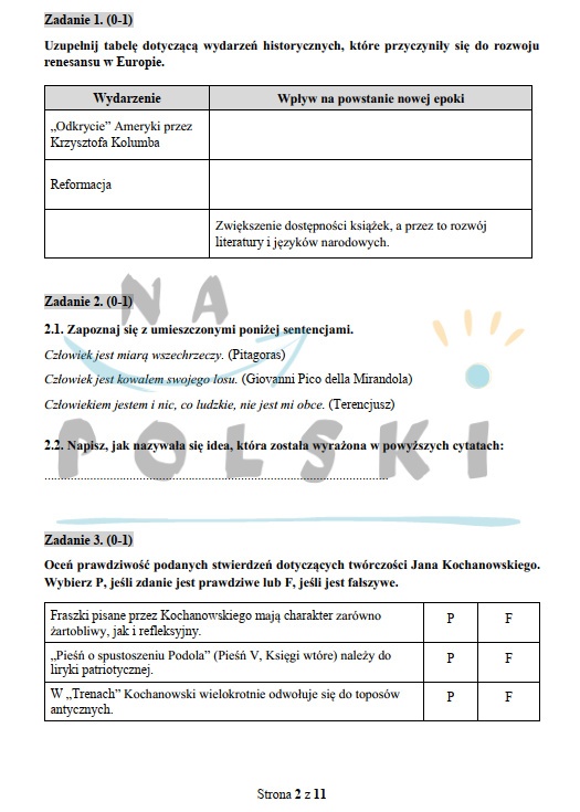 Renesans - test historycznoliteracki | Na Polski